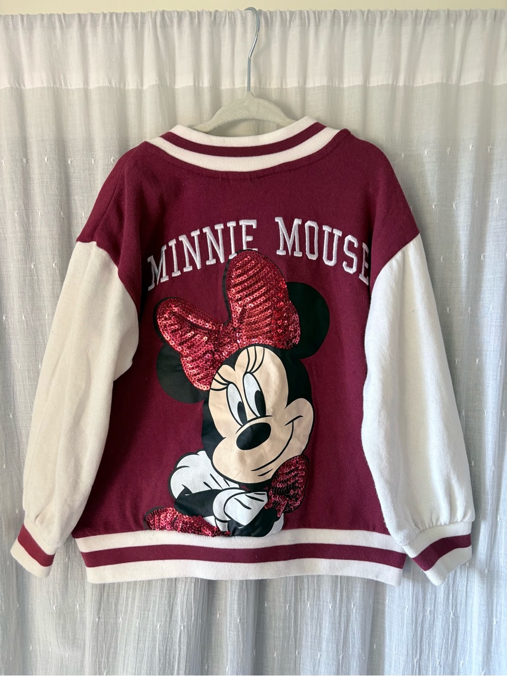 Disney Minnie Mouse Burgundy and White Sequin-Accent Varsity Jacket